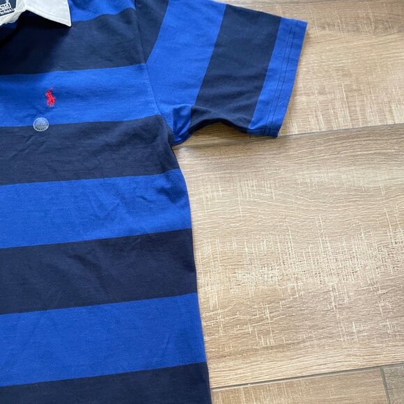 Polo Ralph Lauren Shirt Youth XL Blue & Black Stripe Rugby Collared Small Pony - Picture 5 of 12